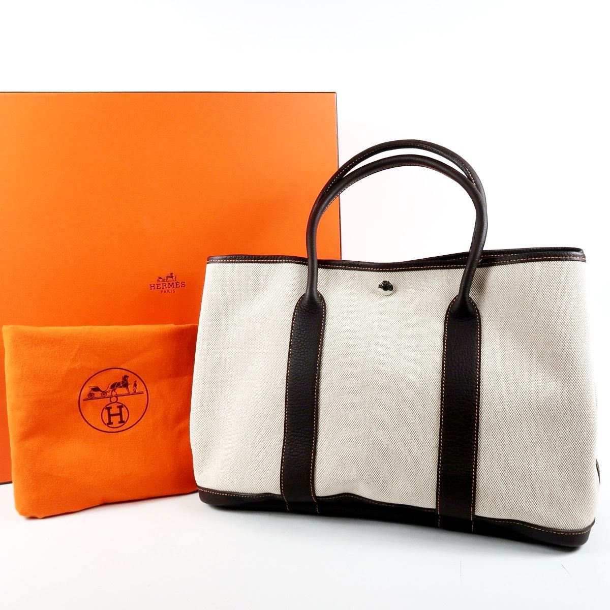 【超美品】HERMES エルメス ガーデンパーティPM トワルアッシュ □H刻印 ハンドバッグ キャンバス×レザー ブランド鞄【UN34】