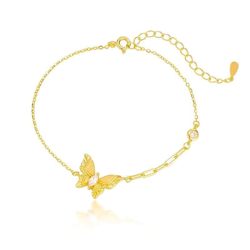 [Puliyunxiang] S925 シルバーブレスレットレディース 蝶の金色ブレスレットジルコン誕生石バングル女性の誕生日記念日プレゼント人気おしゃれアクセサリージュエリー16cm+4.5cm調節可能