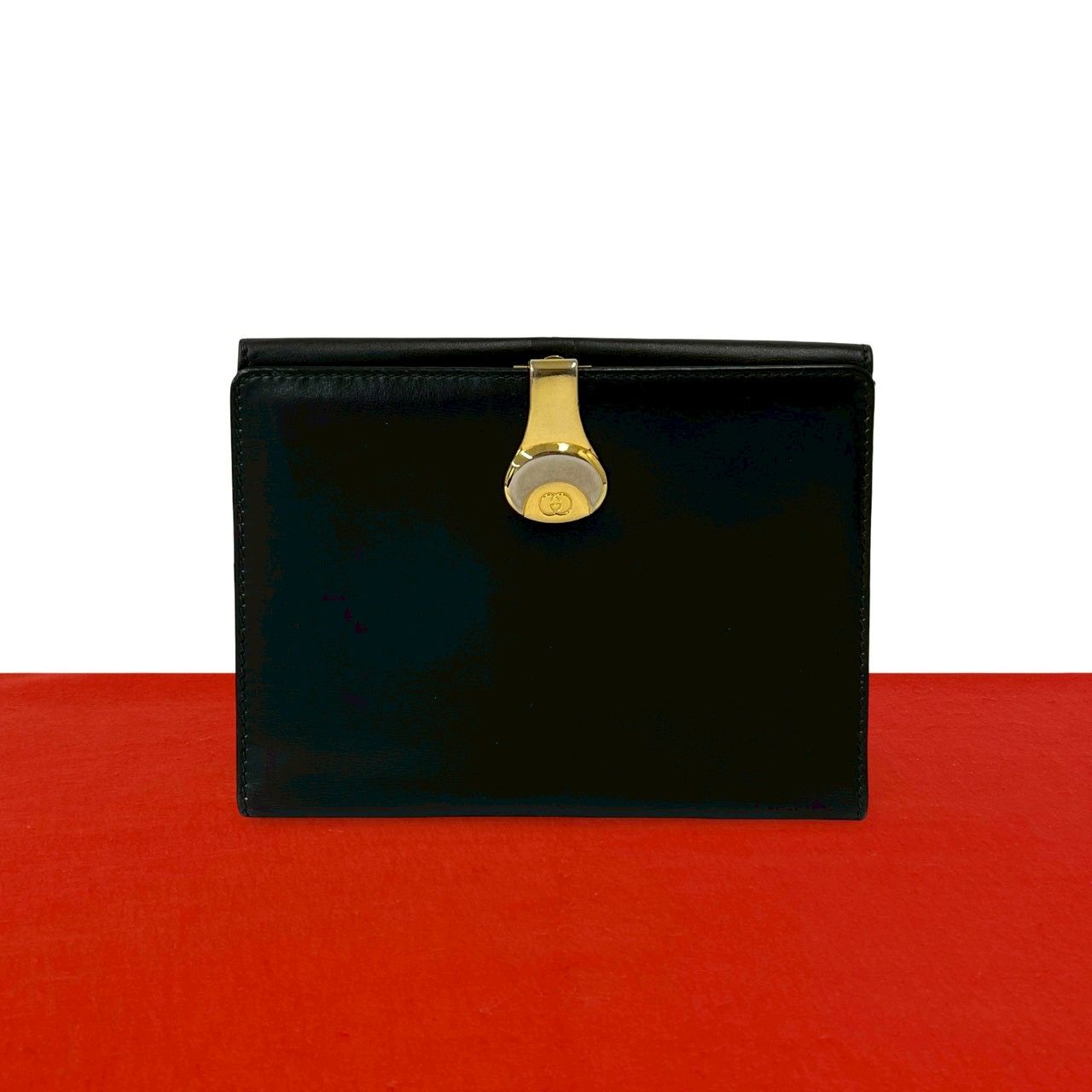 極 美品 GUCCI グッチ オールドグッチ ヴィンテージ GG ロゴ 金具 レザー 本革 二つ折り財布 ミニ ウォレット ブラック 黒 56612