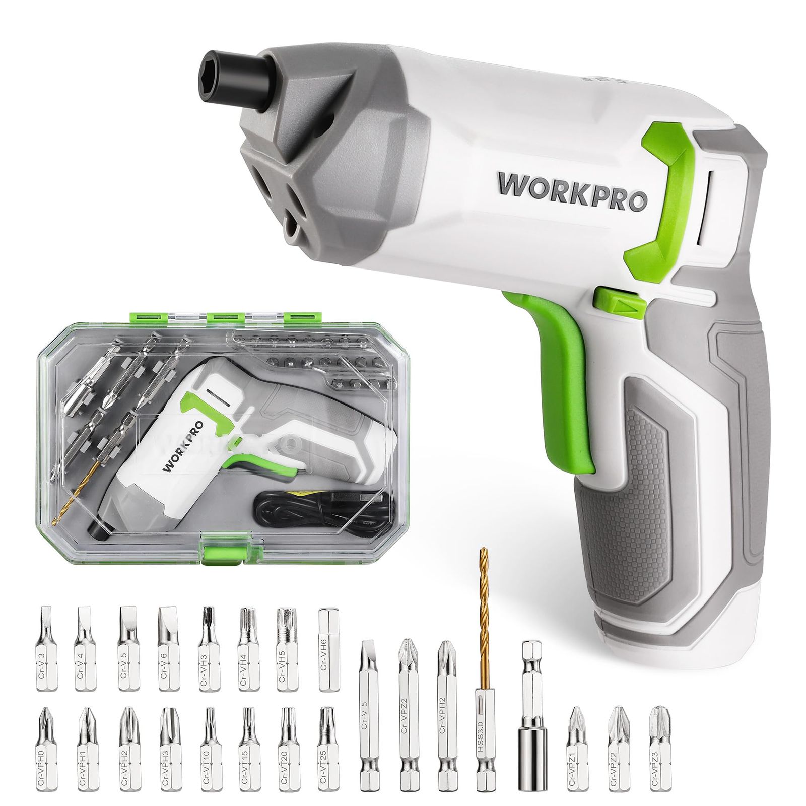 WORKPRO 電動ドライバー ドライバーセット コードレス 3.6V 充電式 電動ドリルドライバー 正逆転切り替え LEDライト 強磁気 偏心 小型軽量 2000mAh大容量電池 240RPM 無負荷連続使用時間70分 DIY 家具組立 メ a3de058c