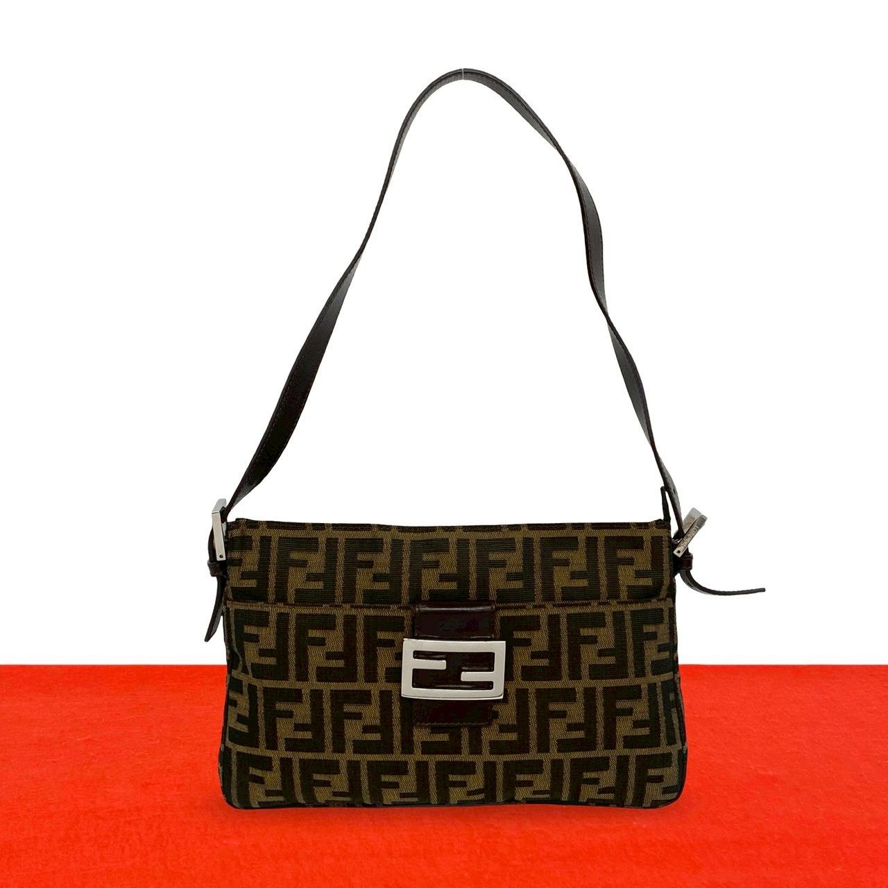 極 美品 FENDI フェンディ ヴィトン マンマバケット ズッカ FF ロゴ 金具 キャンバス レザー セミ ワン ショルダーバッグ ブラウン 98352