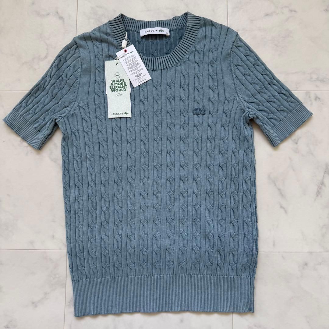 新品 LACOSTE 定価2万 ケーブルニットTシャツ 36 くすみライトブルー