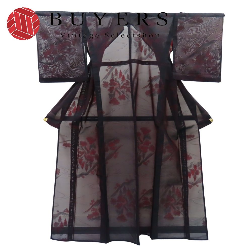 【中古】 小紋 紗 正絹 ブラック レッド 夏物 和装 呉服 和服 きもの レディース 女性