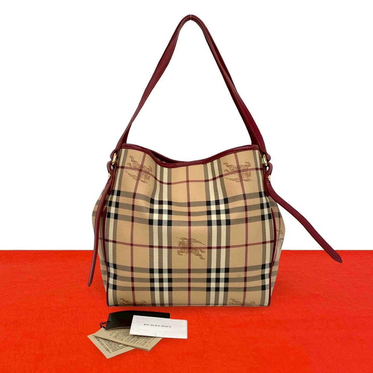 極 美品 BURBERRY バーバリー ノバチェック シャドーホース 柄 レザー トートバッグ セミ ショルダーバッグ ベージュ レッド 89934