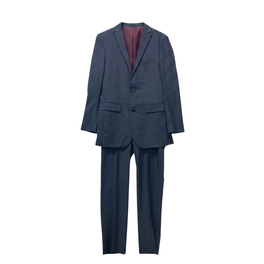 72e21 BURBERRY BLACK LABEL バーバリーブラックレーベル セットアップスーツ シングル 2B ストライプ柄 ウールシルク混 38R ネイビー メンズ 紳士服u02t