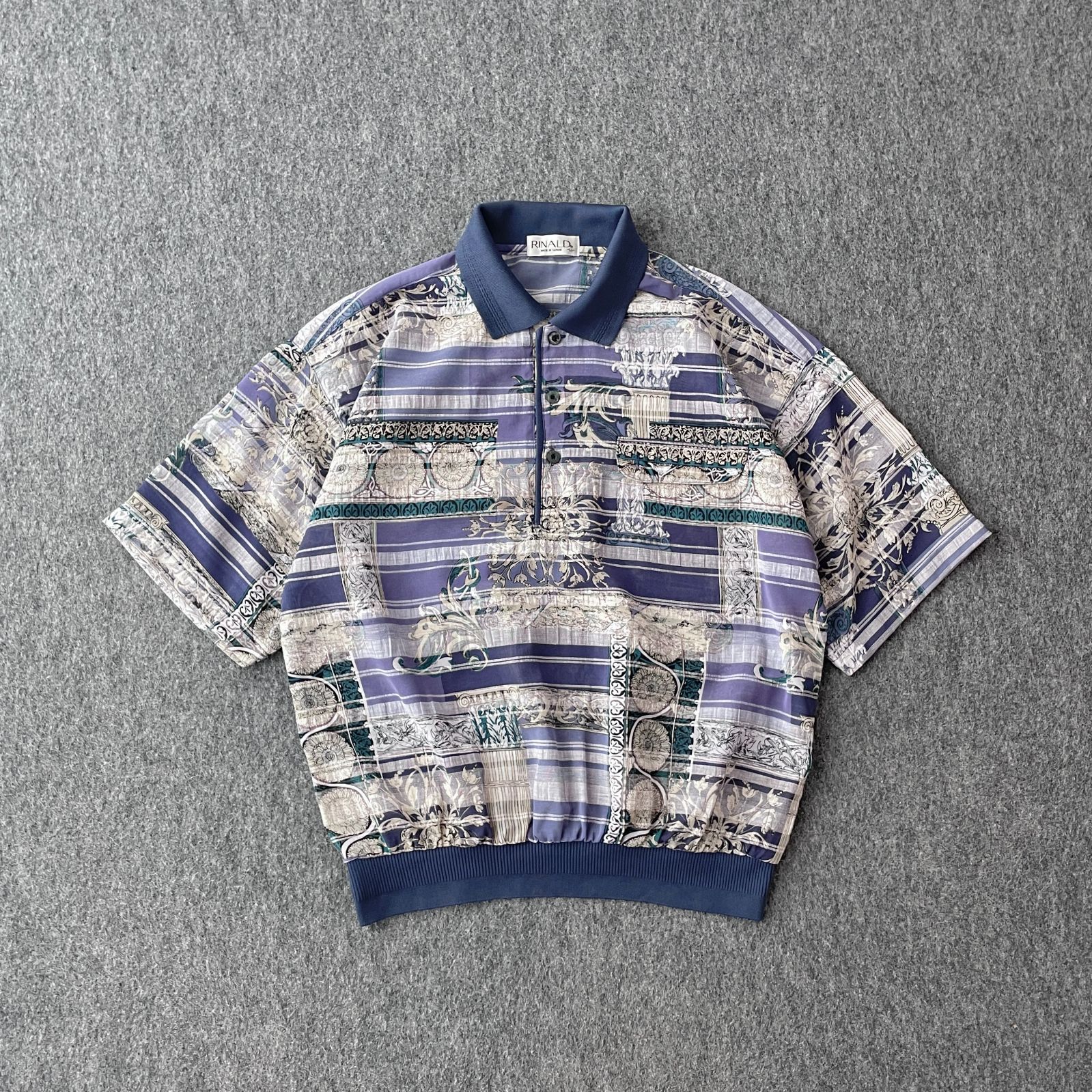 80s　90s　デザインシャツ　ハーフボタン　総柄　切替　レトロ　ビンテージ　バロック　ボタニカル　レーヨン混　個性的