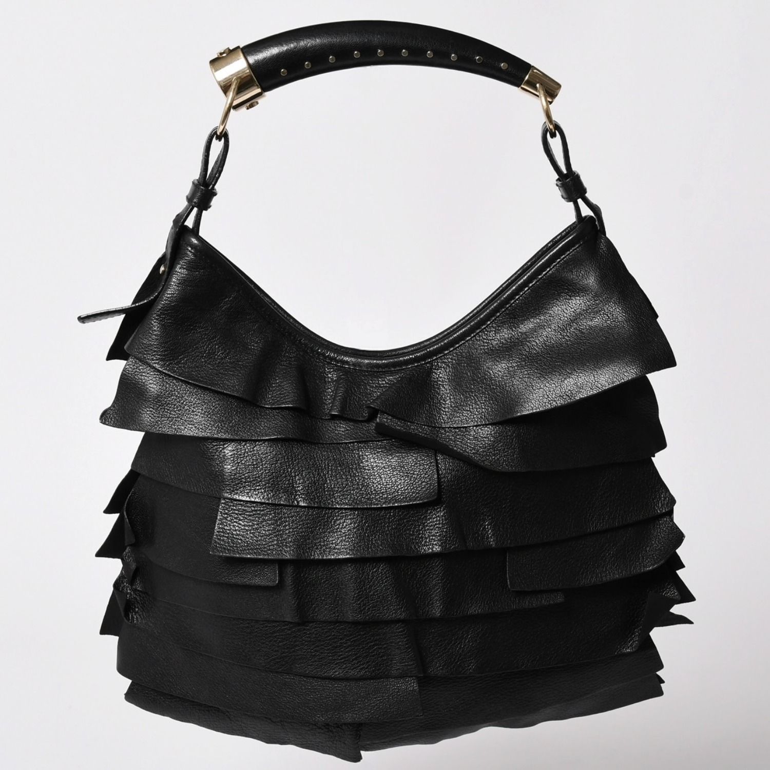 極美品 YVES SAINT LAURENT イヴサンローラン サントロペ ワンショルダーバッグ ブラック フリル レザー ロゴ 肩掛け 132244 ゴールド金具 中古 4a002027