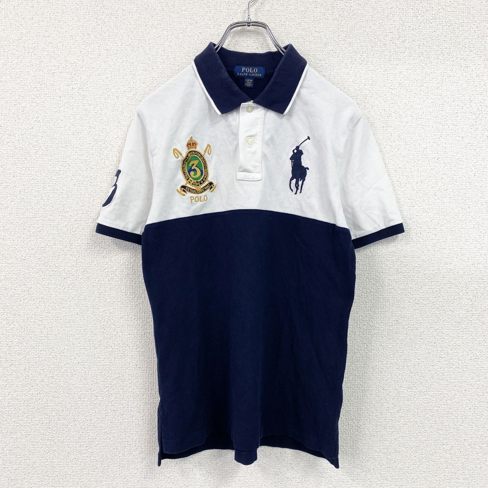 POLO RALPH LAUREN　ポロラルフローレン　半袖ポロシャツ　ビッグポニー　紺　ネイビー　白　ホワイト　Lサイズ　古着