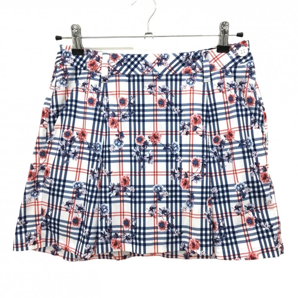 【美品】アドミラル スカート 白×ネイビー×レッド チェック柄 花柄 バックロゴ 内側インナーパンツ レディース M ゴルフウェア Admiral