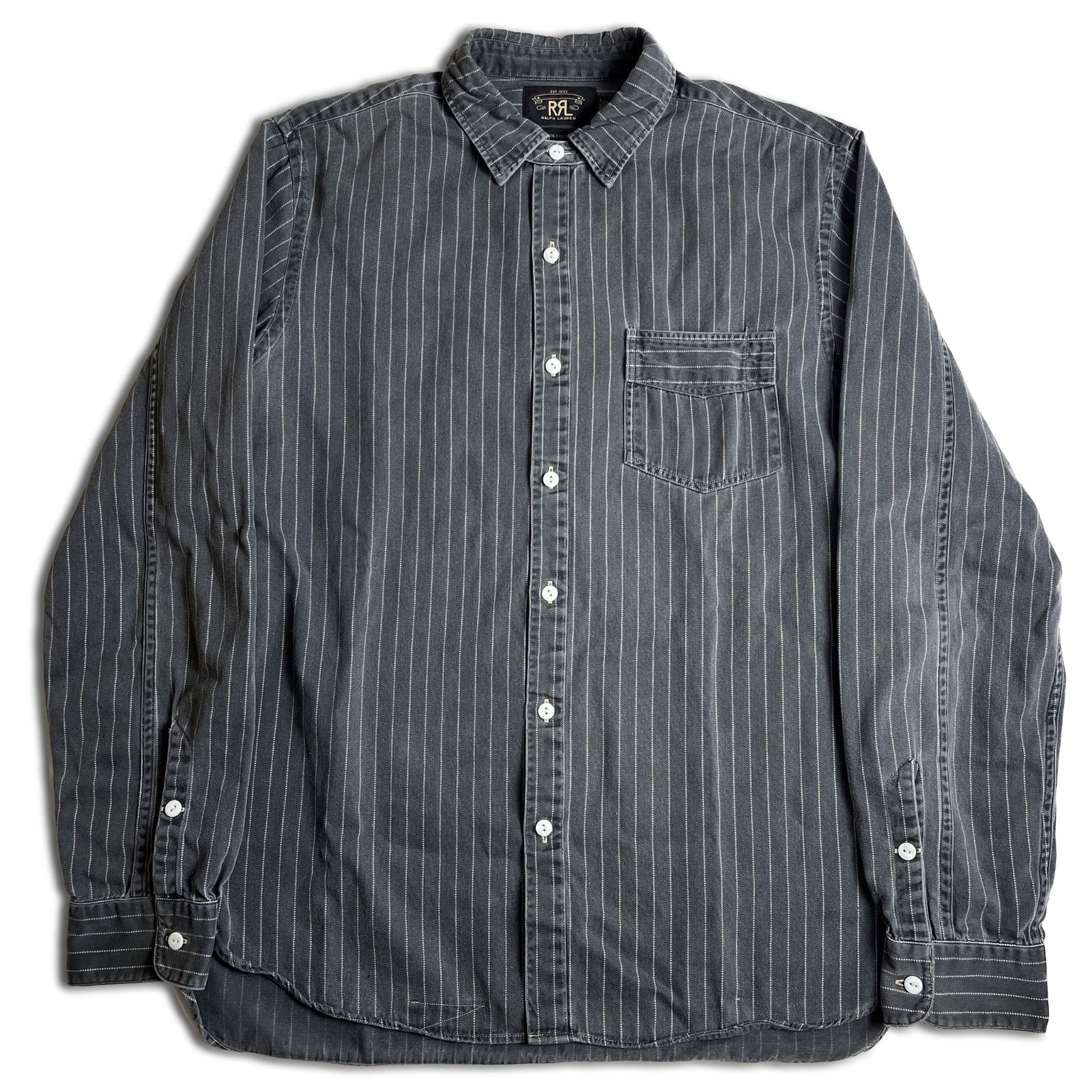 RRL BLACK WABASH STRIPE WORK SHIRT ウォバッシュストライプ ワークシャツ グレー M チンストラップ マチ付き ダブルアールエル 2000000012681