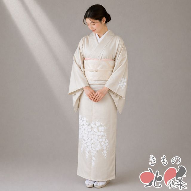 紬地 着物 中古 リサイクル 正絹 袷 カジュアル 作家物 落款 手描き 花の図 桜 象牙色 身丈163.5cm 裄69cm L きもの北條 A1362-2