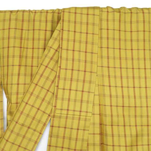 黄八丈 着物 中古 正絹 袷 カジュアル 格子模様 黄土色 茶色 身丈160cm 裄63cm M きもの北條 A1362-4