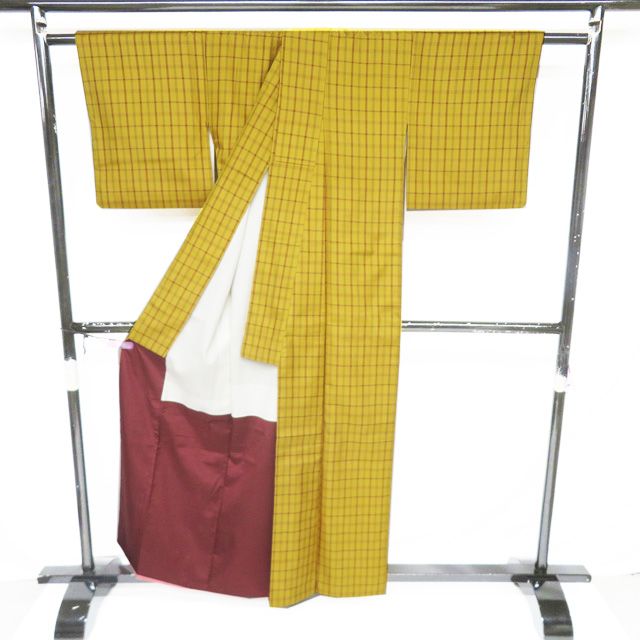 黄八丈 着物 中古 正絹 袷 カジュアル 格子模様 黄土色 茶色 身丈160cm 裄63cm M きもの北條 A1362-4