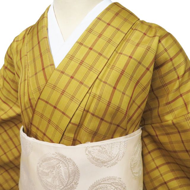 黄八丈 着物 中古 正絹 袷 カジュアル 格子模様 黄土色 茶色 身丈160cm 裄63cm M きもの北條 A1362-4