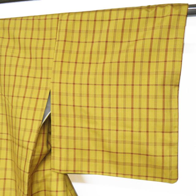 黄八丈 着物 中古 正絹 袷 カジュアル 格子模様 黄土色 茶色 身丈160cm 裄63cm M きもの北條 A1362-4