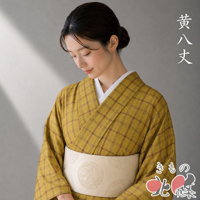 黄八丈 着物 中古 正絹 袷 カジュアル 格子模様 黄土色 茶色 身丈160cm 裄63cm M きもの北條 A1362-4 15,246円
