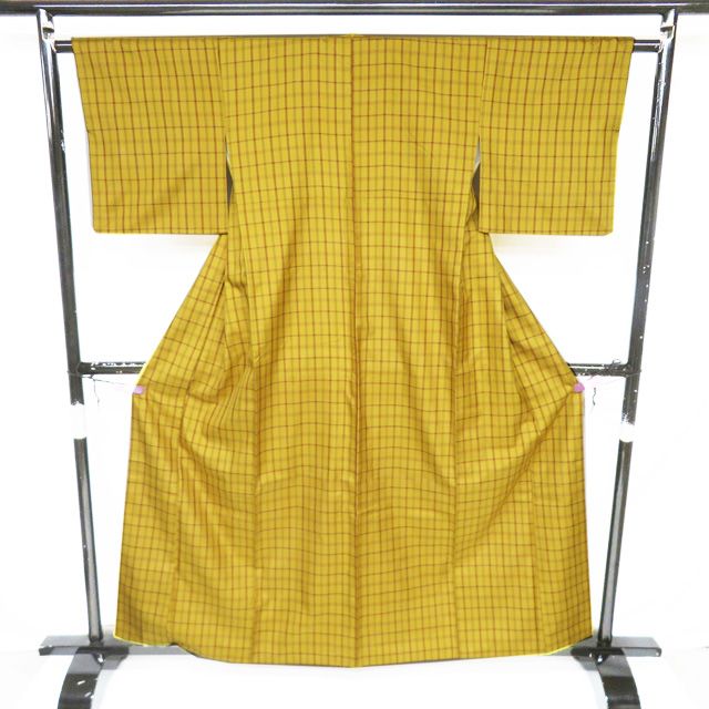 黄八丈 着物 中古 正絹 袷 カジュアル 格子模様 黄土色 茶色 身丈160cm 裄63cm M きもの北條 A1362-4