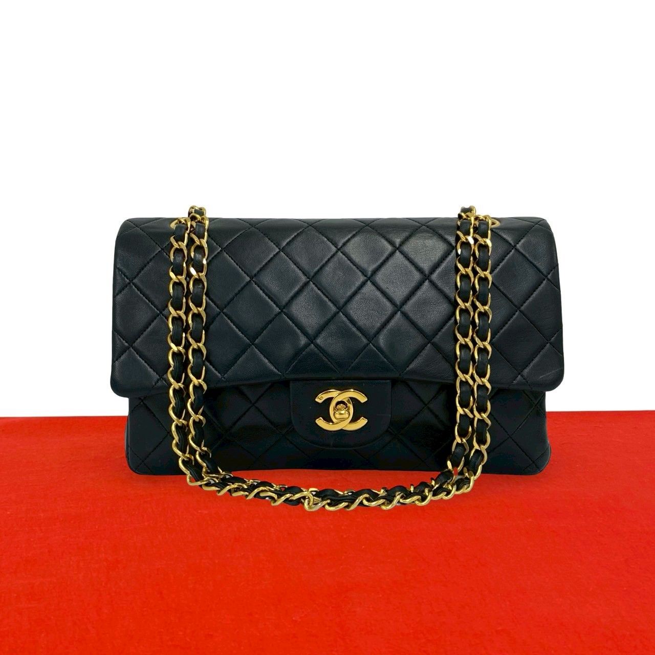 極 美品 シール有 1番台 CHANEL シャネル マトラッセ ダブルフラップ ココマーク ラムスキン チェーン ショルダーバッグ ブラック 93631