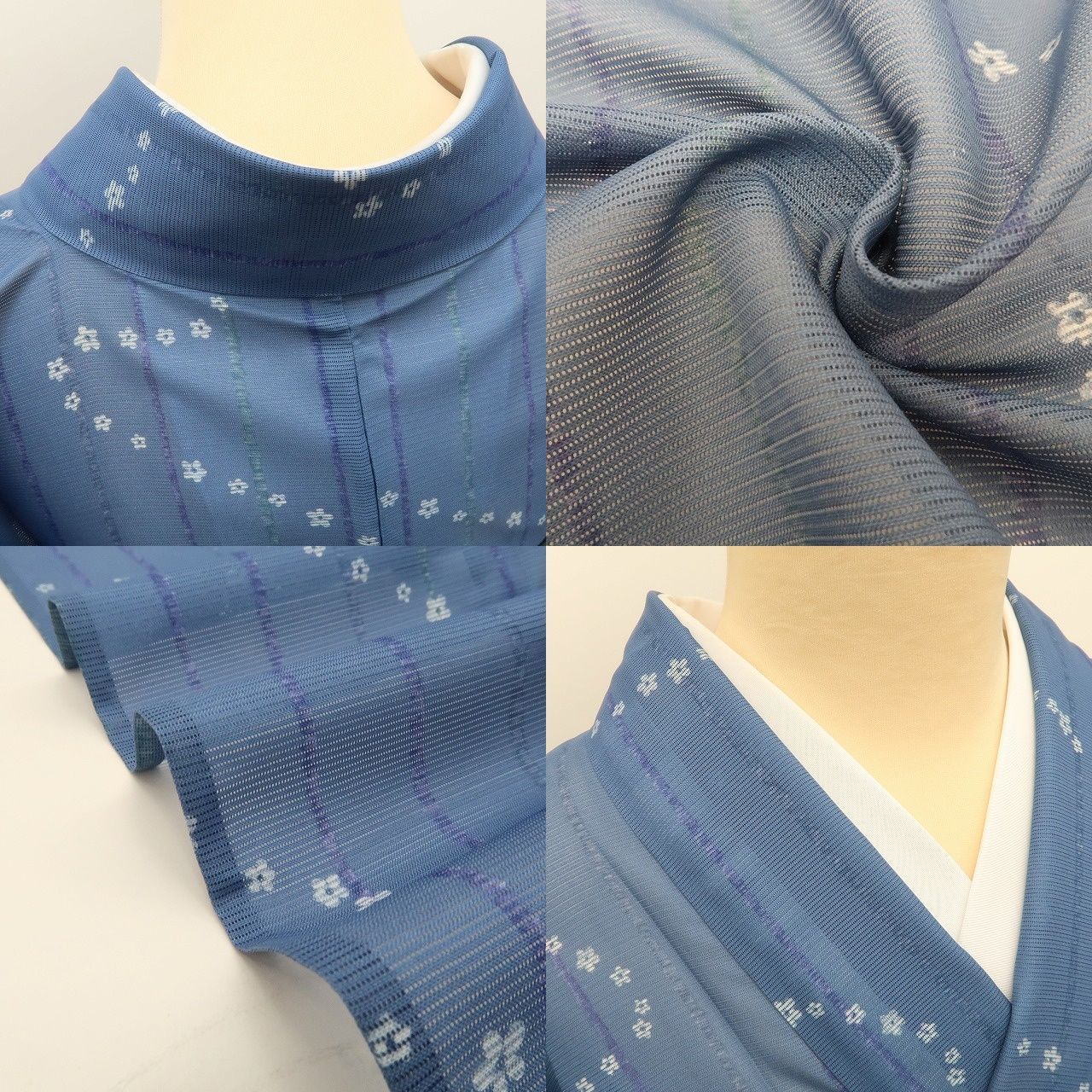百華❀Y4983◇美品 洗える夏着物 絽 縦縞 小花 手縫い仕立て 小紋