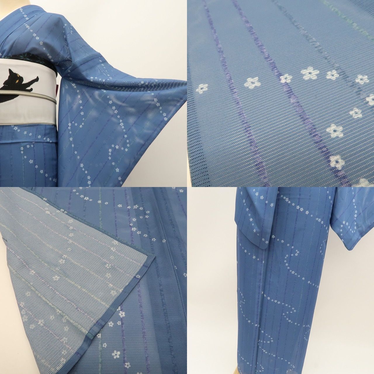 百華❀Y4983◇美品 洗える夏着物 絽 縦縞 小花 手縫い仕立て 小紋
