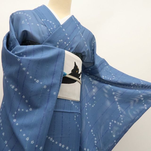 百華❀Y4983◇美品 洗える夏着物 絽 縦縞 小花 手縫い仕立て 小紋