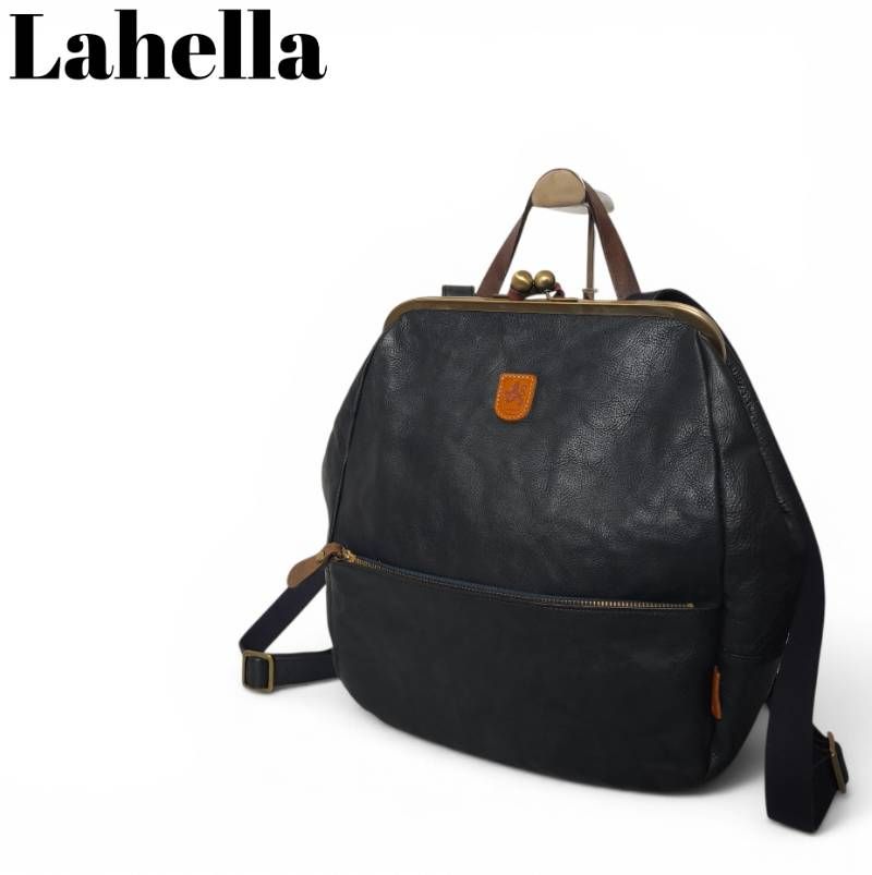 ✨美品✨ Lahella ラヘラ がま口リュック ショルダー　2WAY レザー Lahella ラヘラ がま口リュック イタリアンレザー ブラック A4収納可