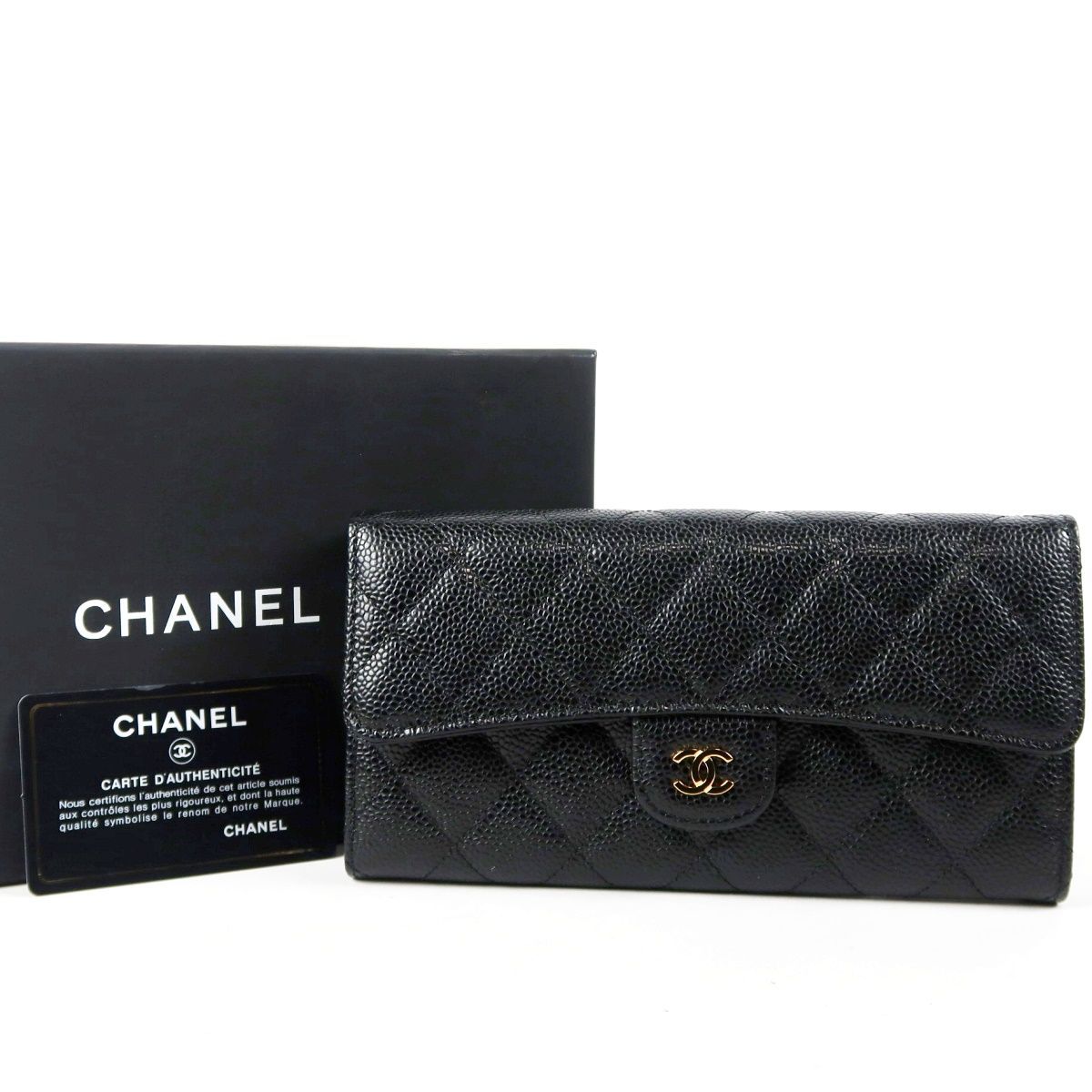 【新品同様・未使用】CHANEL シャネル キャビアスキン ココマーク 二つ折り長財布 ブランドウォレット ブラック 小物【UO14】