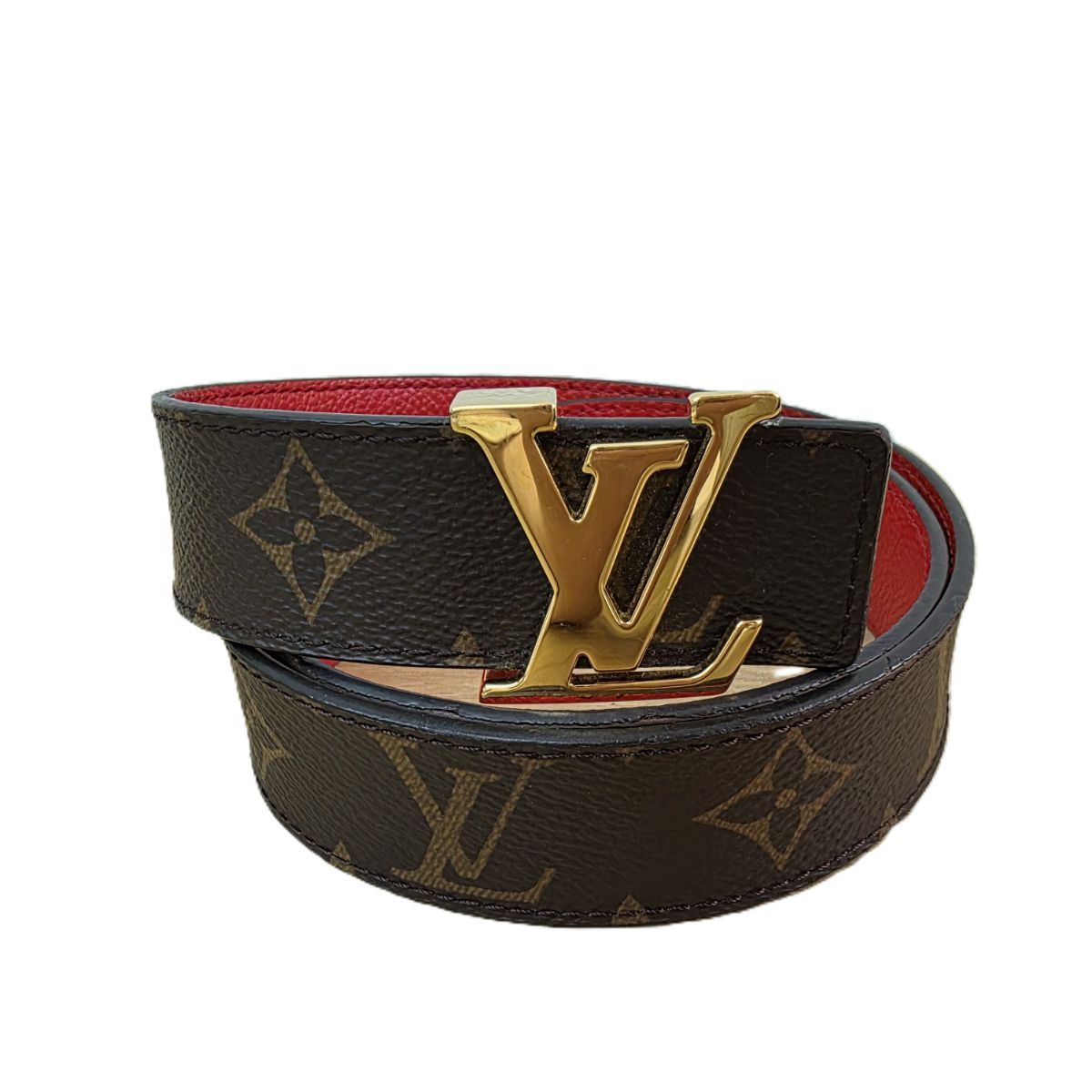 LOUIS VUITTON ルイ・ヴィトン サンチュール LVイニシャル 30MM リバーシブル ベルト M0322 レディース モノグラム ブラウン レッド 中古