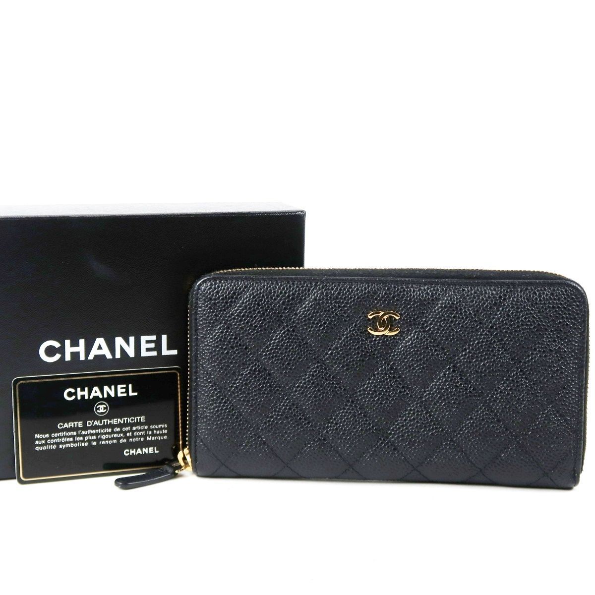 【超美品】CHANEL シャネル キャビアスキン 16番台 ココマーク ジッピーウォレット ラウンドファスナー ブラック 小物【UN84】