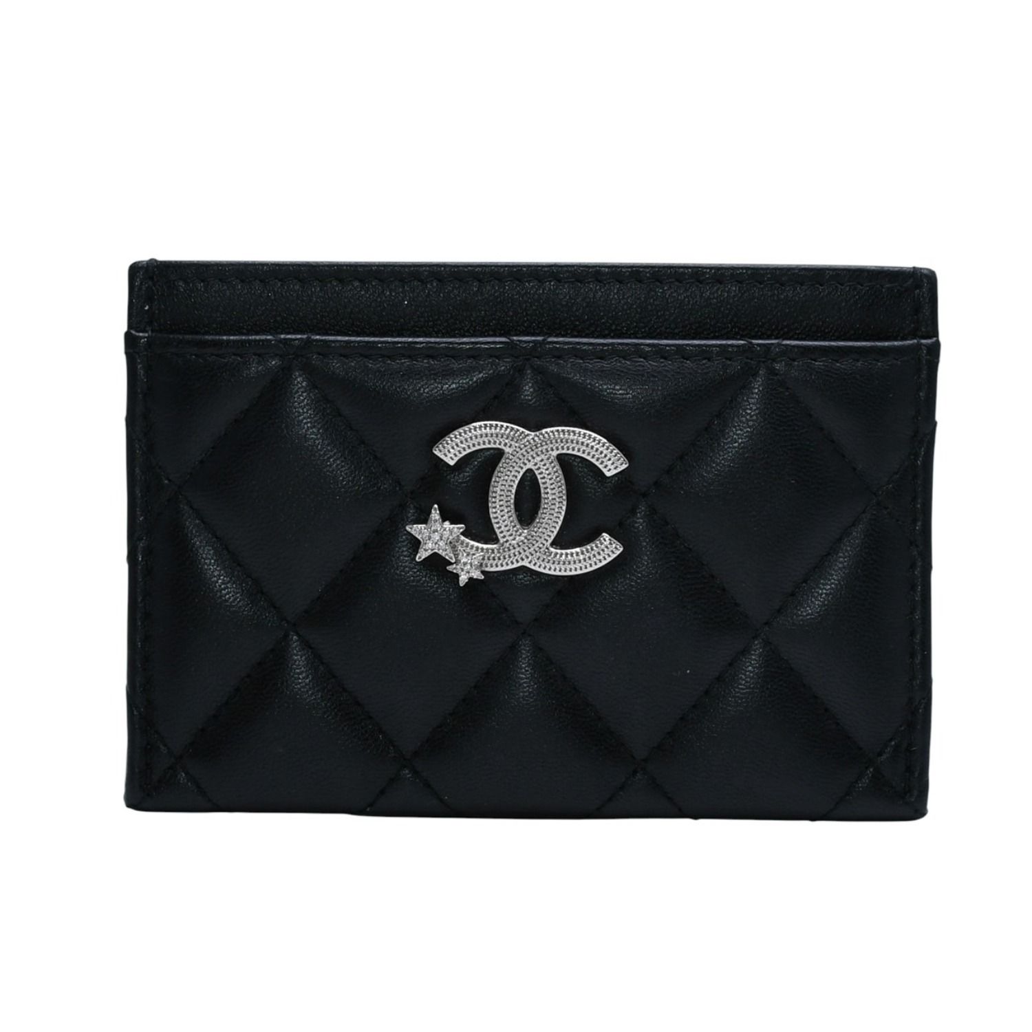 極美品 CHANEL シャネル カードケース AP3730 ランダム番台 ココマーク ラインストーン ラムスキン ブラック 中古 4a002544