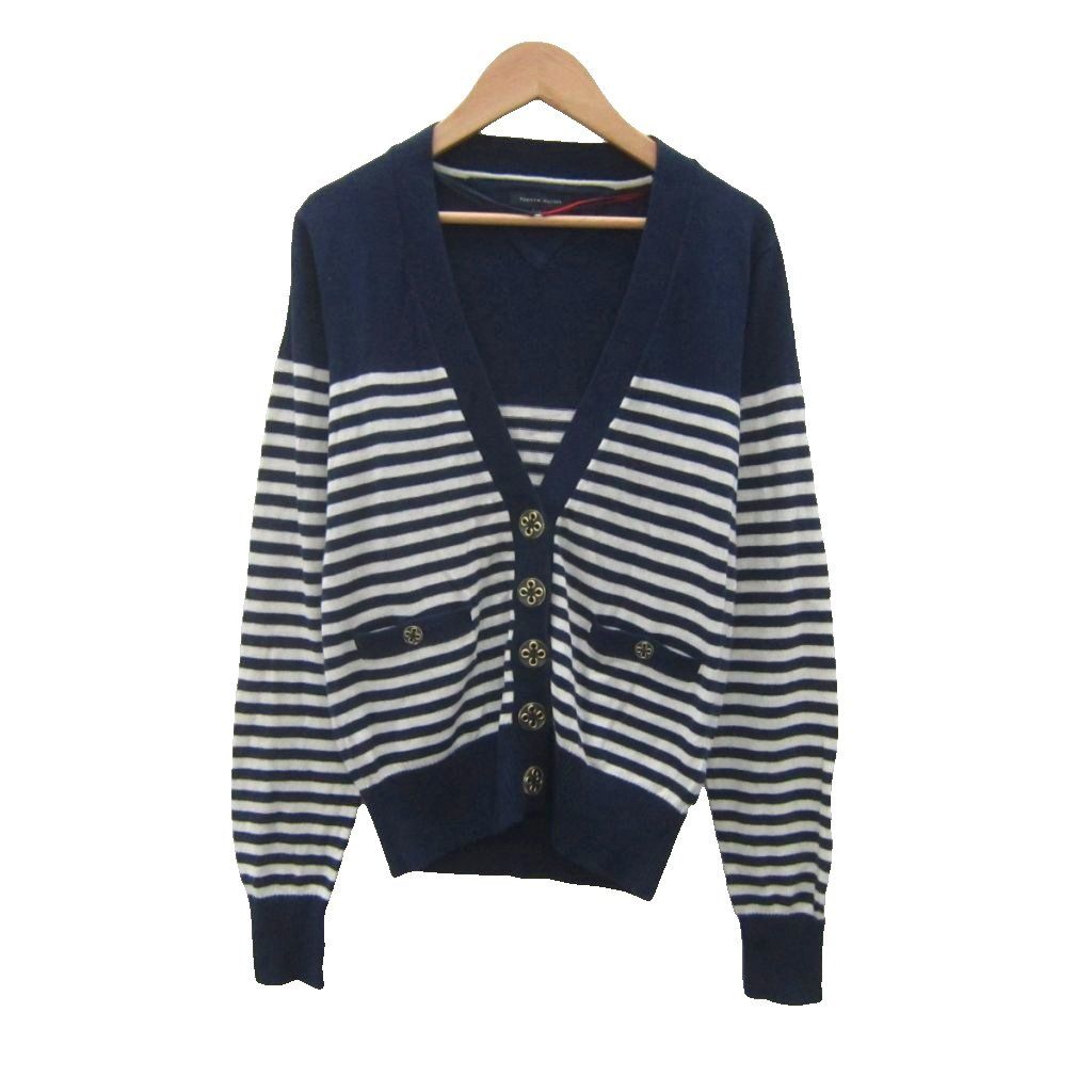 トミーヒルフィガー TOMMY HILFIGER ニットカーディガン ミドル丈 S 紺 ボーダー柄 Vネック /SY39 ■ECC004
