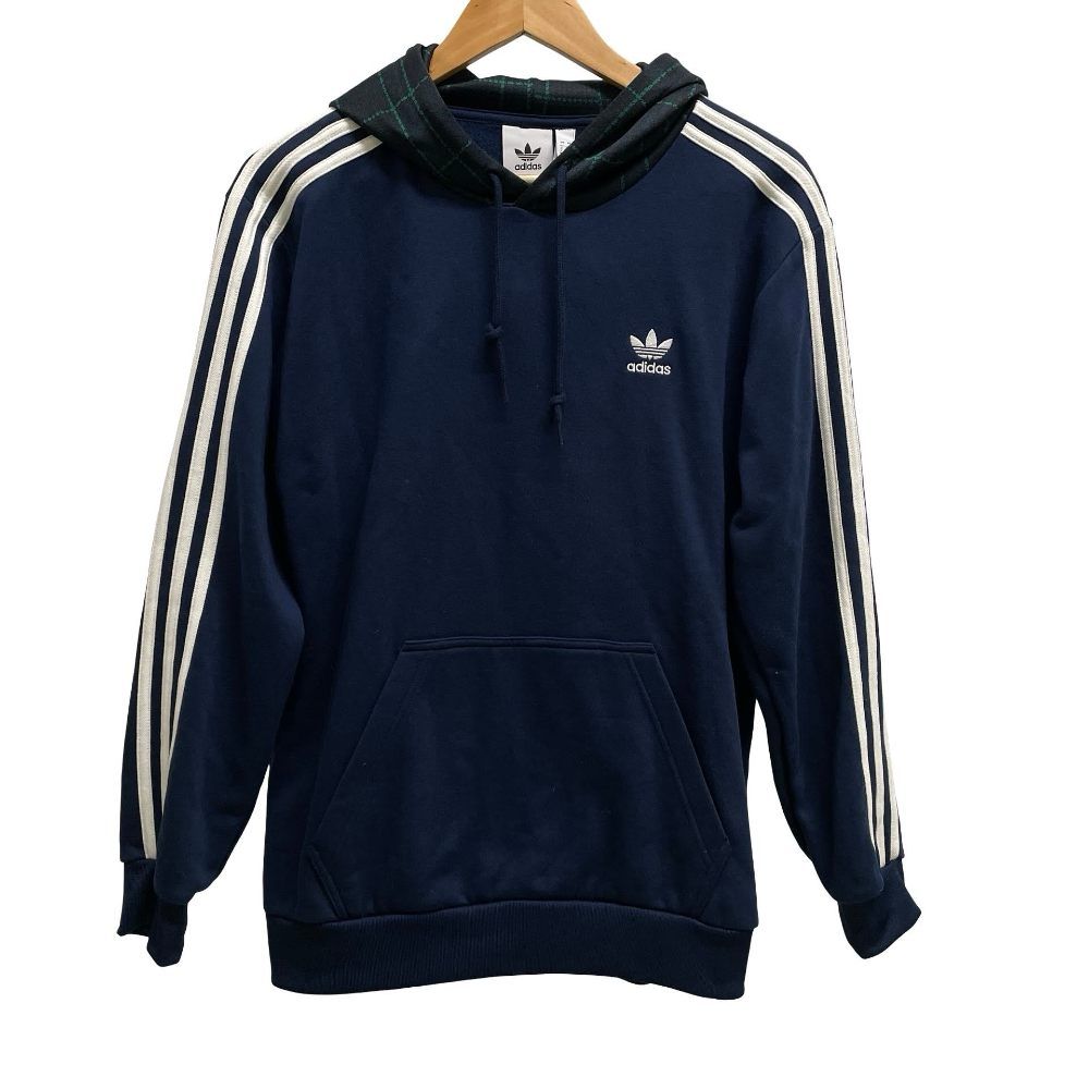 アディダスオリジナルス adidas originals タグ付き プルオーバー フーディー トレフォイル ロゴ プリント 3本ライン L 紺 ネイビー /TD ■ECD004