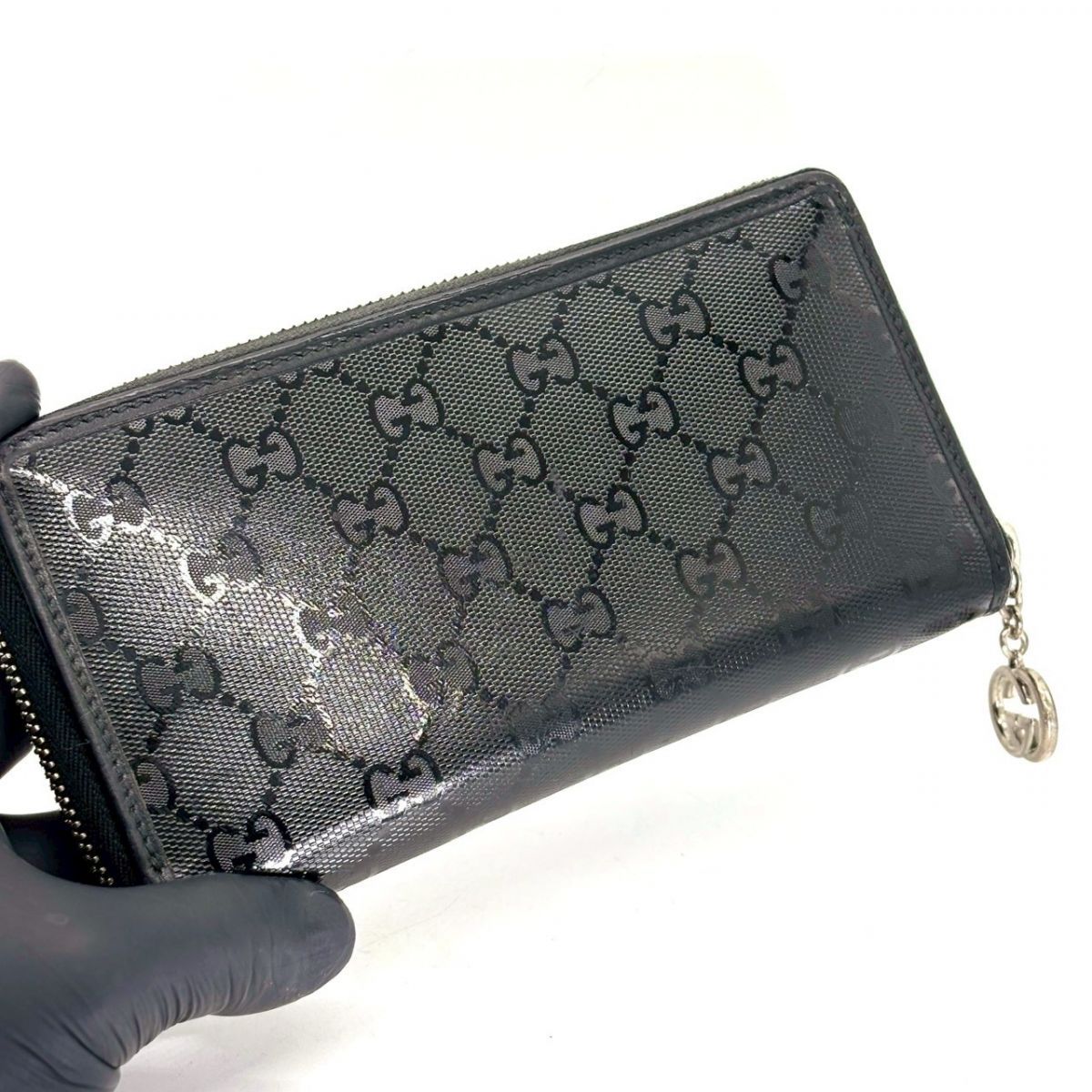 【艶は静かに宿る】　GUCCI　長財布 GGインプリメ ラウンドファスナー 12カード GG柄　ブラック