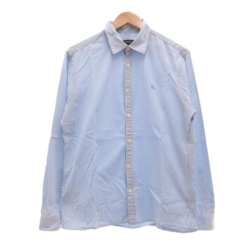 バーバリーブラックレーベル BURBERRY BLACK LABEL シャツ 長袖 ストライプ 襟チェック ロゴ 3 白 ホワイト 青 ブルー /MG