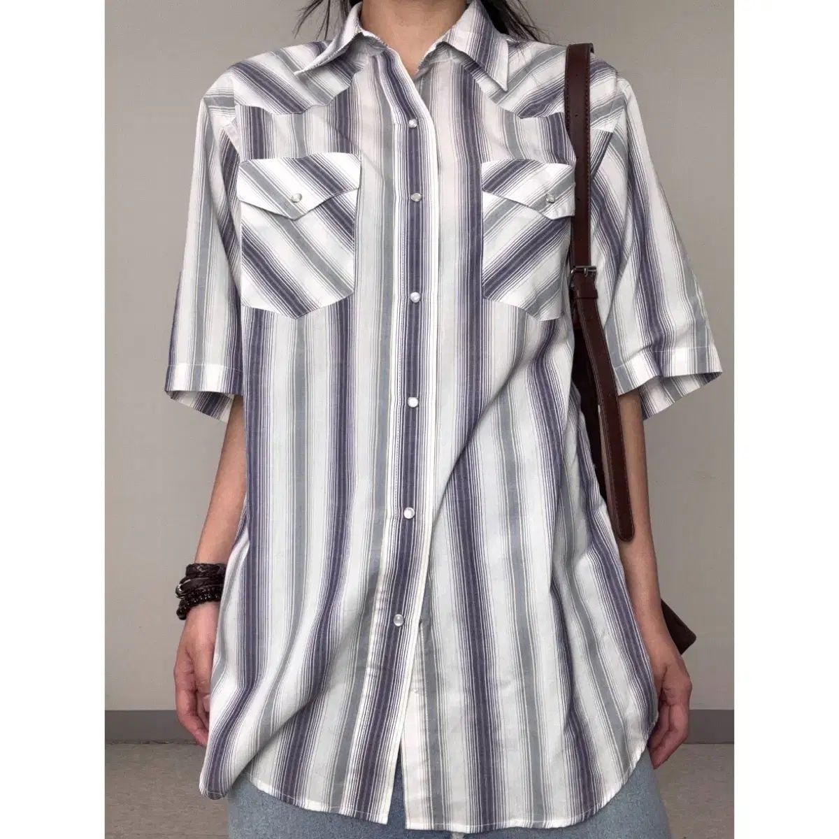 日本 ヴィンテージ ラベンダー ストライプ 半袖 Tシャツ