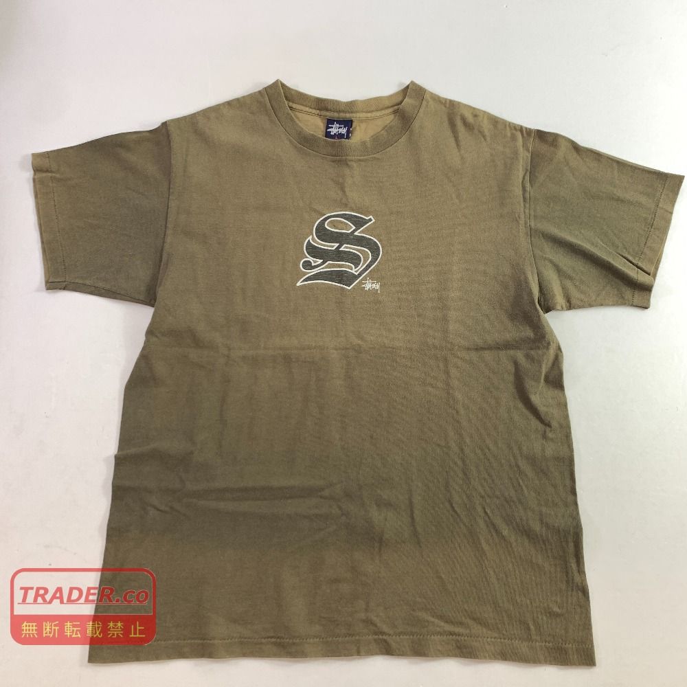04w6855▽※【中古】ステューシー STUSSY オールドステューシー 紺タグ USA製 オールドイングリッシュSロゴ 半袖Tシャツ カーキ Lサイズ【八王子店】