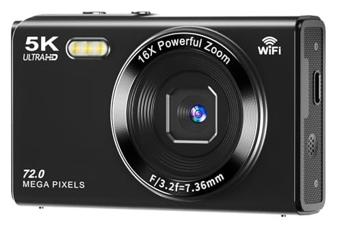 デジタルカメラ 5K デジカメ スマホに送れる WIFI転送機能 7200万画素 オートフォーカス機能 16倍デジタルズーム LEDライト ウェブカメラ 2.8インチデイスプレイ バッテリー2枚付属 子供や初心者向けコンデジ 子供の日 新年 クリスマスプレゼe