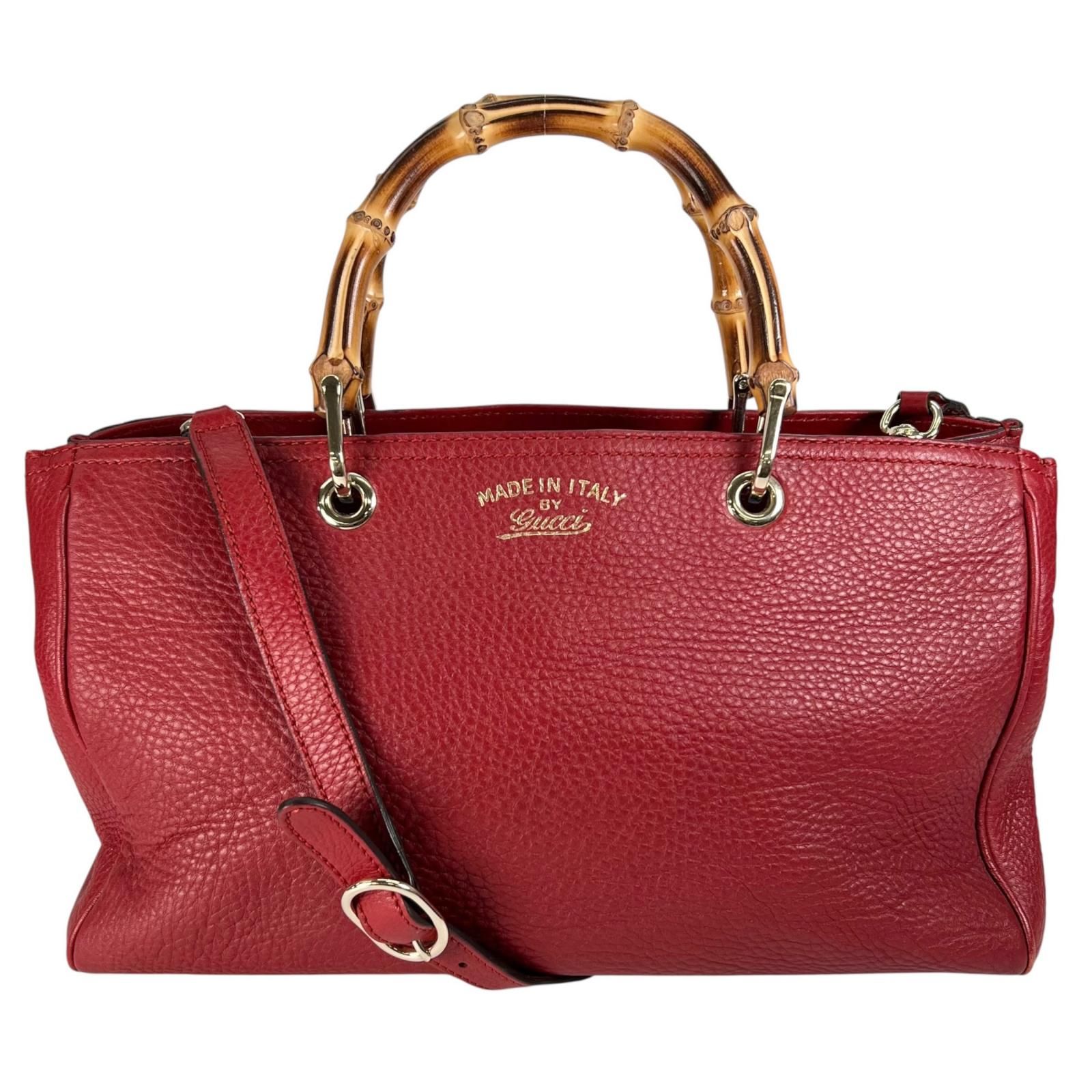 GUCCI バンブー ショッパー ミディアム レザー レッド トートバッグ ゴールド 323660