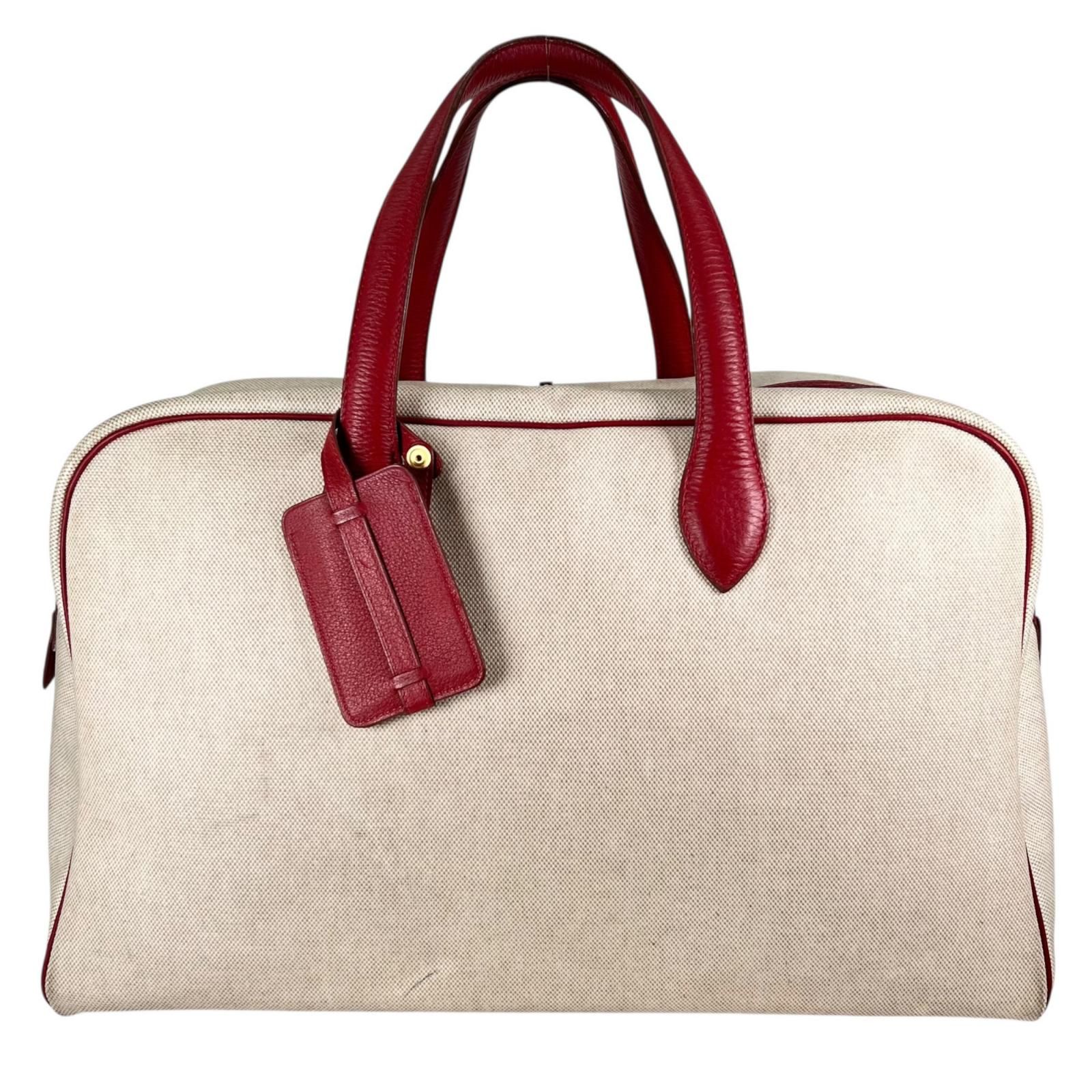 HERMES ヴィクトリア43 レザー×トワルアッシュ ベージュ×レッド
