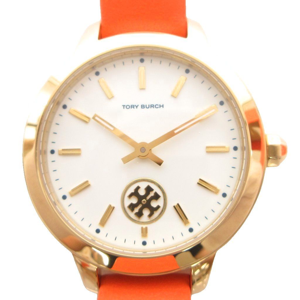トリーバーチ TORY BURCH 美品 ダブルラップ レザー ウォッチ 腕時計 クオーツ アナログ TBW1302 白文字盤 ゴールドカラー オレンジ /MG
