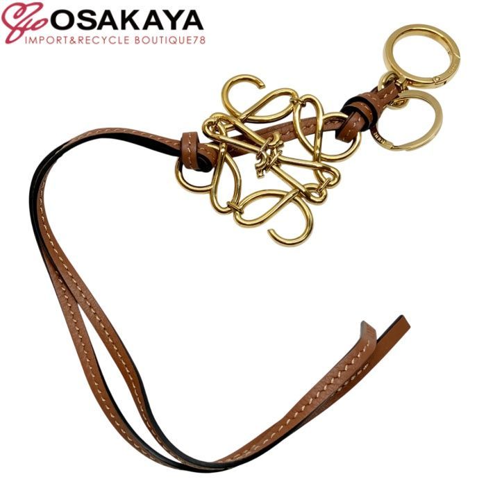 【極美品】LOEWE ロエベ アナグラム チャーム レザー ブラウン ゴールド キーホルダー キーリング バッグチャーム アクセサリー レディース 女性 ブランド プレゼント