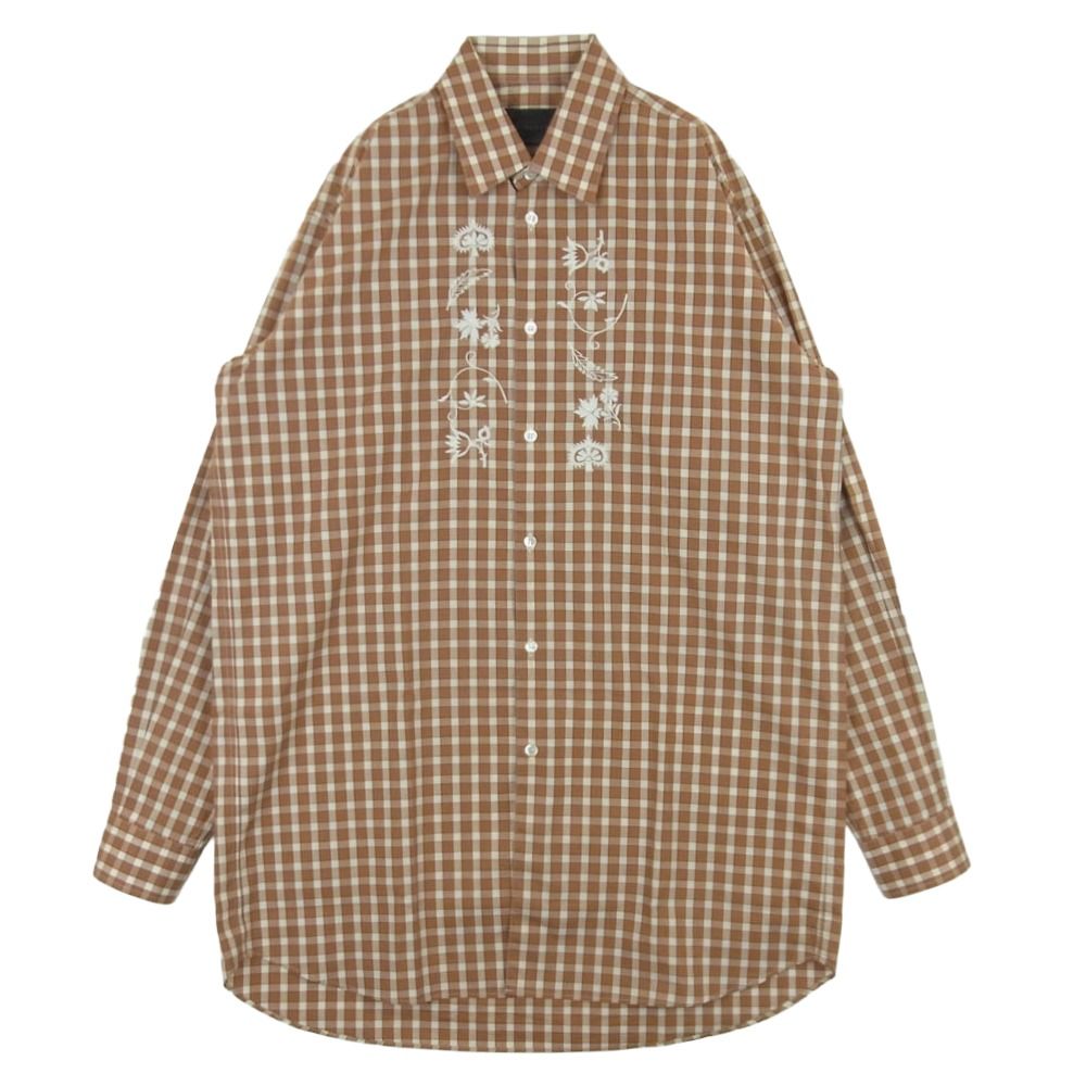 Stella McCartney ステラマッカートニー フラワー刺繍 ギンガムチェック 長袖 ロング シャツ ブラウン系 ホワイト系 38【美品】【中古】