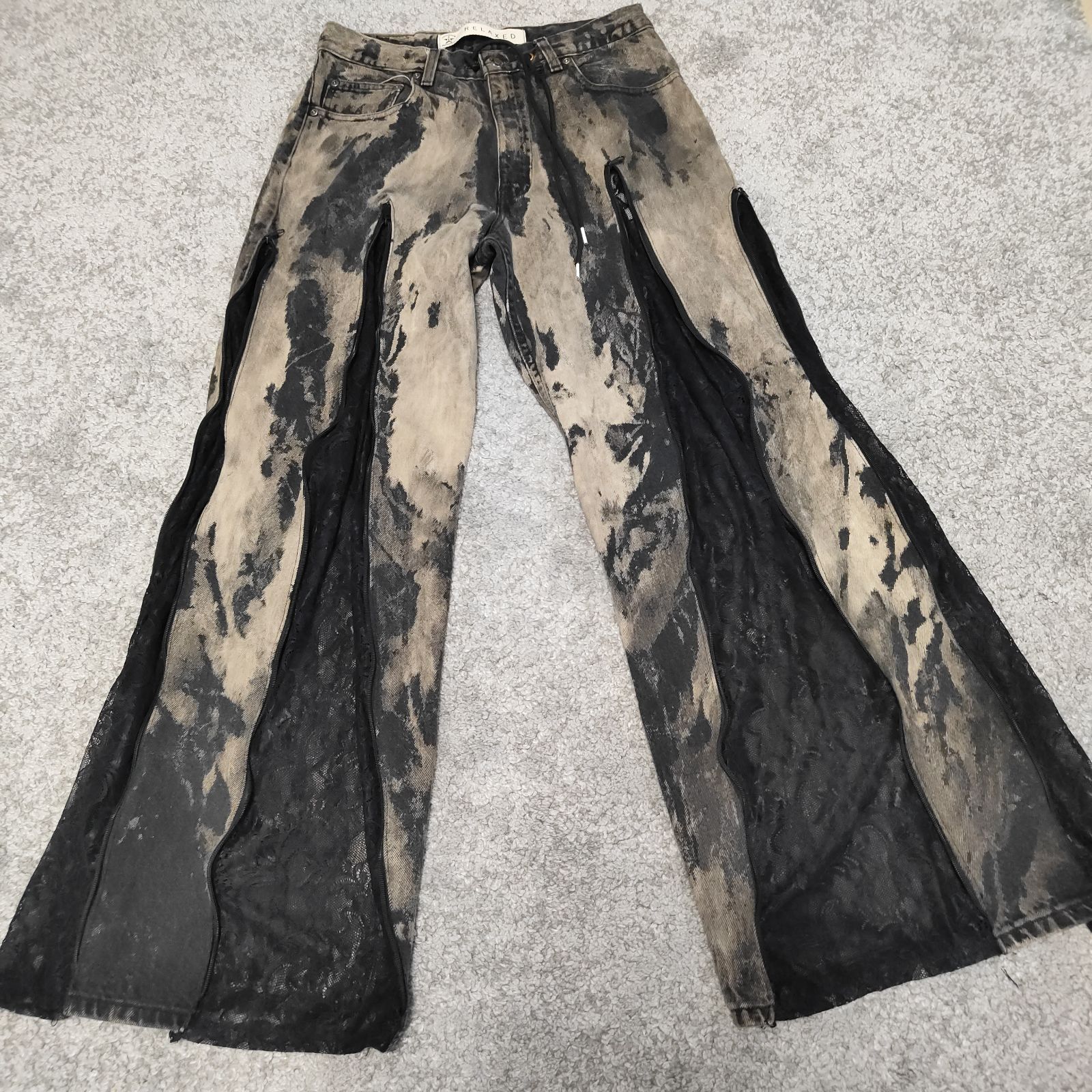 REMAKE　リメイク デニムレースパンツ ドッキング　再構築 【サイズ】 フリーサイズ　DENIM　ジーパン　JEANS　ジーンズ　BLACK　ブラック　レース　レディース　中古　古着