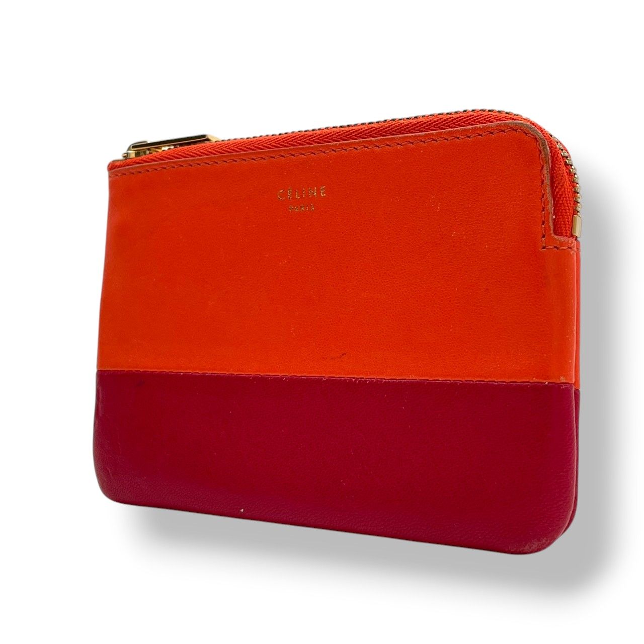 セリーヌ CELINE コインケース レザー 本革 オレンジ ワインレッド バイカラー ジップ 小銭入れ カードケース ゴールド金具 ロゴ刻印 コンパクト ミニウォレット ファスナー開閉 マルチケース レディース 上品 シンプル 日常使い 収納力 M3