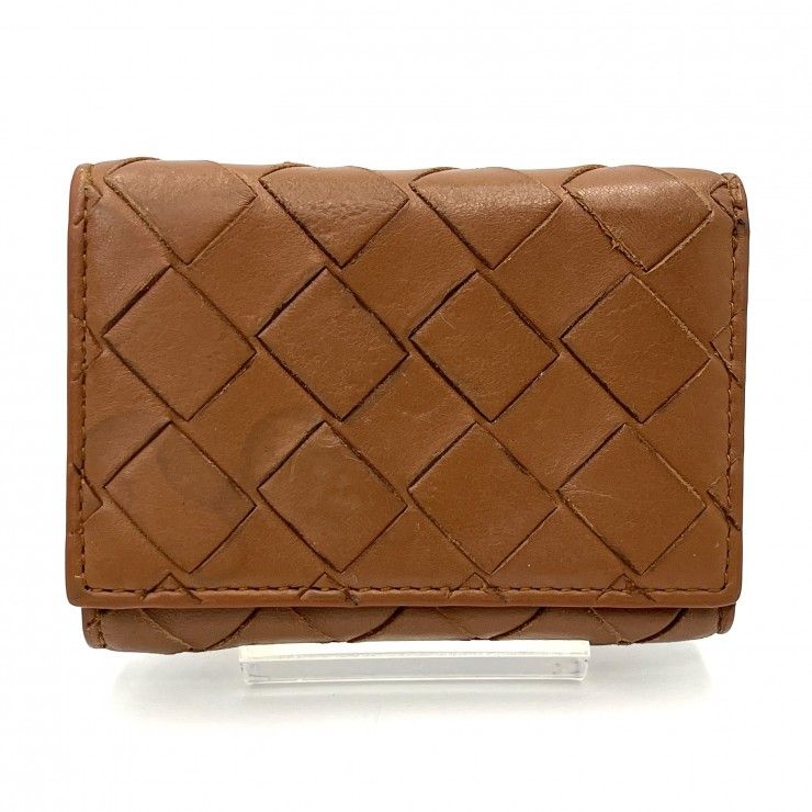BOTTEGA VENETA（ボッテガヴェネタ）イントレチャート 三つ折りコンパクトウォレット 財布 ブラウン レザー ゴールド金具 【中古】