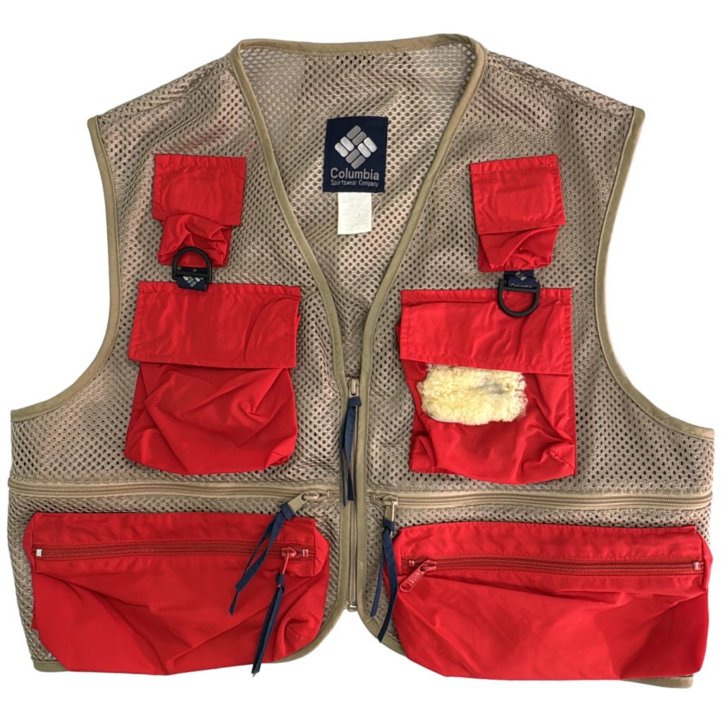80年代 Columbia コロンビア メッシュ フィッシングベスト アウトドア ベージュ(メンズ L)中古 古着 Y1420