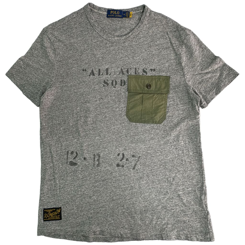 Polo by Ralph Lauren ポロ ラルフローレン ステンシル ポケットＴシャツ ミリタリー グレー(メンズ M)中古 古着 Y1426