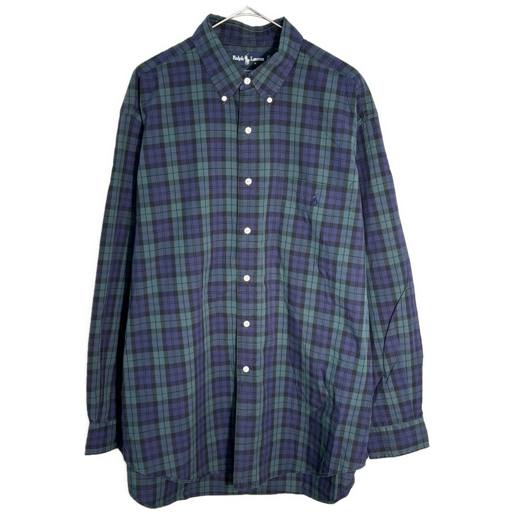 RALPH LAUREN ラルフローレン YARMOUTH ボタンダウン 長袖シャツ ブラックウォッチ ネイビー(メンズ 17)中古 古着 Y1448