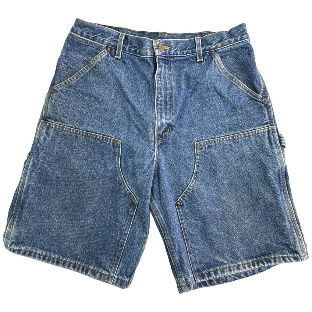 00年代 USA製 Carhartt カーハート ダブルニー デニムペインターショートパンツ リメイク ブルー(メンズ W34)中古 古着 Y1452