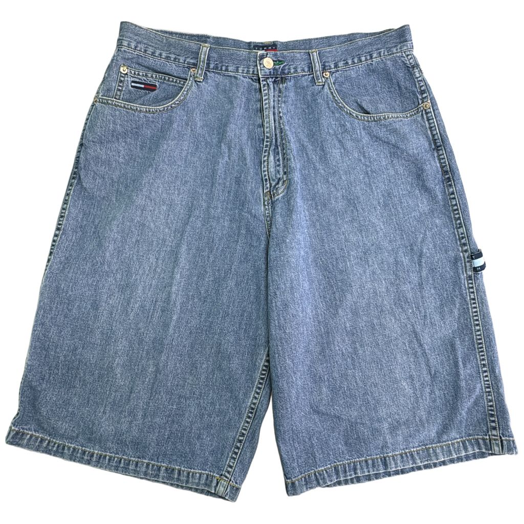 90年代 TOMMY JEANS トミージーンズ デニムペインターショートパンツ ブルー(メンズ W36)中古 古着 Y1458